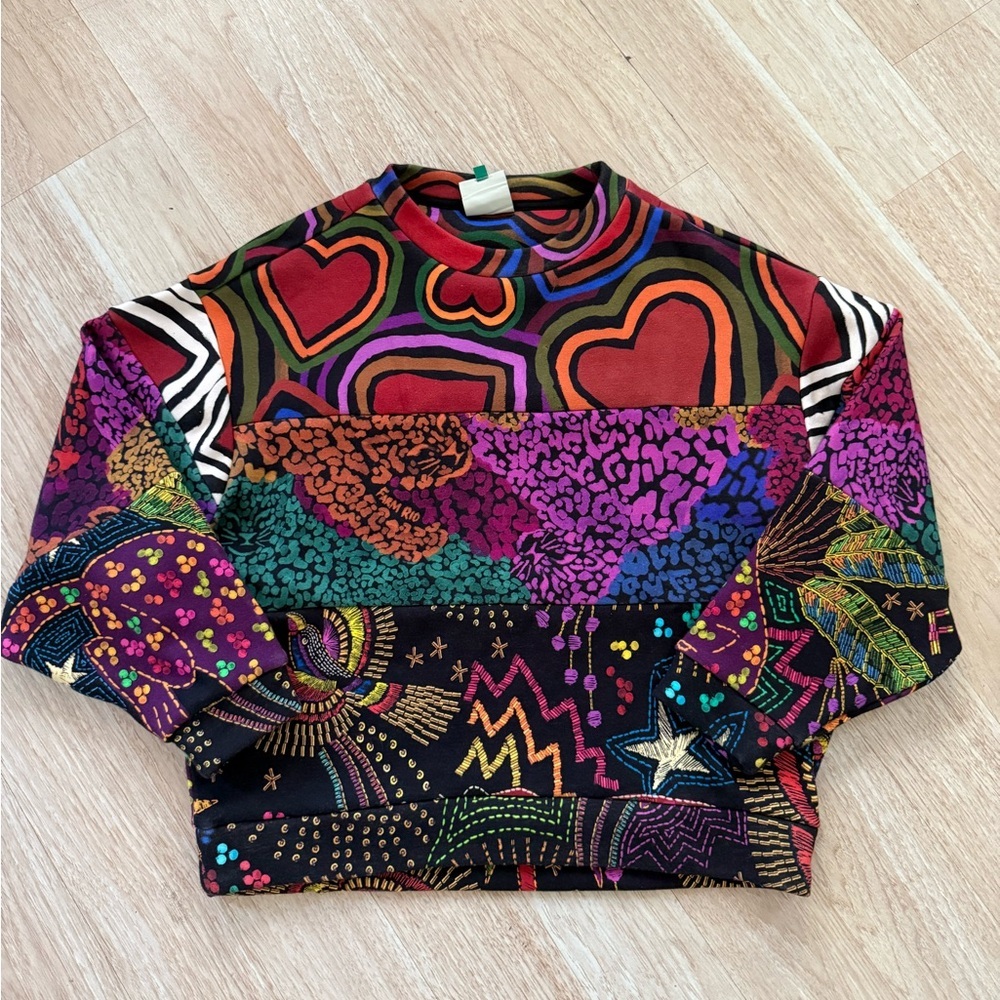 Farm Rio Patchwork Hearts Cropped Sweatshirt 🌈